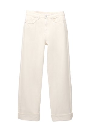 Pantaloni albi din denim cu croi larg, cu talie înaltă, având cinci buzunare, închidere cu buton și umeri răsuciți. Textură netedă și design clasic.