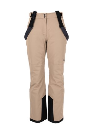Pantalons de neige beiges avec des jambes inférieures noires, dotés de bretelles réglables et d'une fermeture éclair. Fabriqués en matériau durable et résistant aux intempéries.