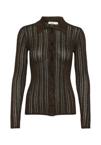 Brun ribbad cardigan med krage, som har svarta knappar och metalliska silverränder. Tillverkad av texturerat stickat material.