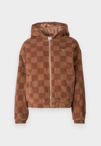 Giacca in corduroy marrone a quadretti con zip e cappuccio, con polsini elasticizzati e tasche frontali.