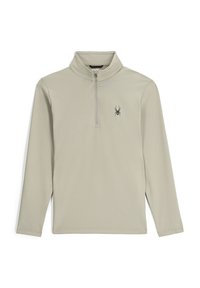 Grijze pullover met lange mouwen, half-rits kraag en spinnenlogo op de linkerborst. Zachte, rekbare stof met een gladde textuur.