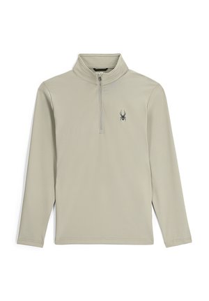 Grijze pullover met lange mouwen, half-rits kraag en spinnenlogo op de linkerborst. Zachte, rekbare stof met een gladde textuur.