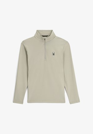 Grau langärmliger Pullover mit halbzipper Kragen und Spinnenlogo auf der linken Brust. Weicher, elastischer Stoff mit glatter Textur.