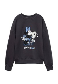 Schwarzer Sweatshirt mit einem grafischen Design eines Comic-Charakters mit blauen Akzenten, Blumen und dem Text "Bows in Bloom" in Weiß. Weicher Stoff, lässige Passform.