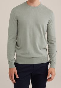 Ljusgrön stickad tröja med rund hals, långa ärmar och ribbade manschetter och nederkant. Mjuk textur och klassisk passform.