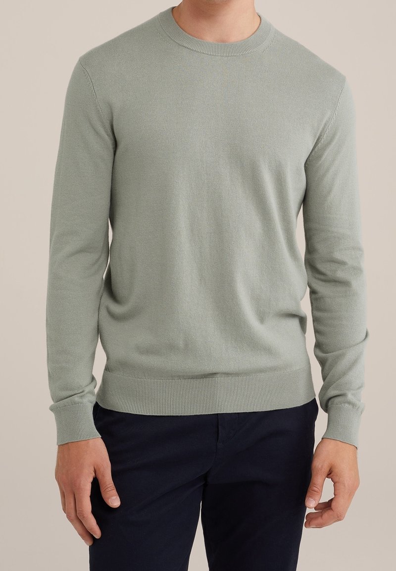 Ljusgrön stickad tröja med rund hals, långa ärmar och ribbade manschetter och nederkant. Mjuk textur och klassisk passform.