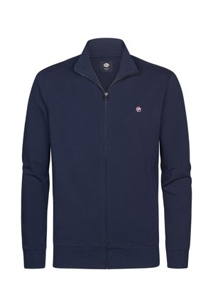 Marineblauw jack met lange mouwen en rits, met een klein rond logo op de linkerborst en geribde manchetten en zoom.