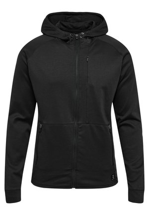 Schwarze Zip-Hoodie mit gefütterter Kapuze, seitlichen Taschen und einer Brusttasche. Hergestellt aus einem glatten, strukturierten Stoff mit einer taillierten Passform.