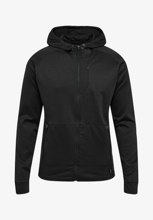 Schwarze Zip-Hoodie mit gefütterter Kapuze, seitlichen Taschen und einer Brusttasche. Hergestellt aus einem glatten, strukturierten Stoff mit einer taillierten Passform.