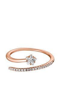 Roségullring med en stjernesformet klar edelsten og en buet ring som har små klare steiner satt langs den ene siden.