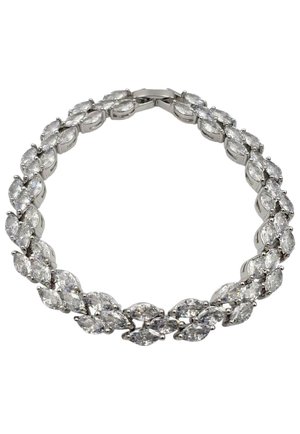 Silbernes Armband mit ovalen, klaren Steinen, die in einem verlinkten Muster angeordnet sind, mit einer glatten, polierten Oberfläche und einem sicheren Verschluss.