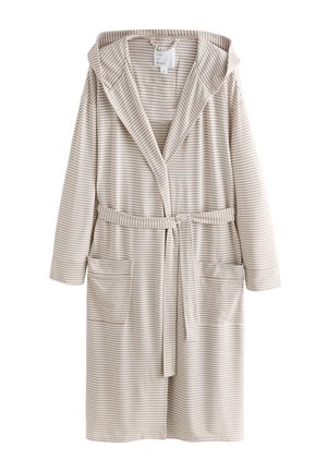 Bézs és fehér csíkos kapucnis fürdőköpeny hosszú ujjal, két első zsebbel és derékpánttal.