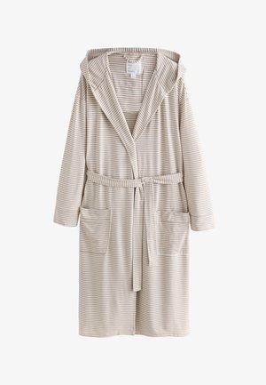 Halat de baie bej și alb cu dungi, cu glugă, mâneci lungi, două buzunare frontale și o centură legată în talie.