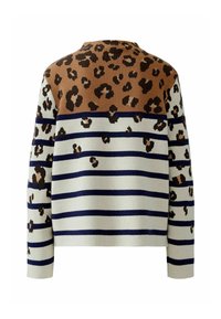 Pull en tricot avec un design léopard marron sur le dessus et des rayures horizontales bleu marine et blanches en dessous. Manches longues, col rond.