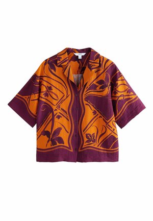 Kurzärmeliges Hemd mit Knopfleiste, auffälligem Blütenmuster in Orange und Lila, gefertigt aus strukturiertem Stoff mit lockerem Sitz und Kragen.