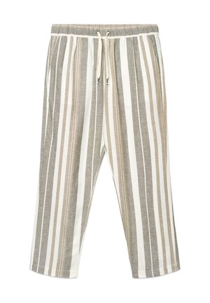 Hose mit elastischem Bund und Kordelzug, vertikalen beigen, weißen und grauen Streifen, geraden Beinen und lockerem Schnitt.