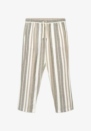 Hose mit elastischem Bund und Kordelzug, vertikalen beigen, weißen und grauen Streifen, geraden Beinen und lockerem Schnitt.