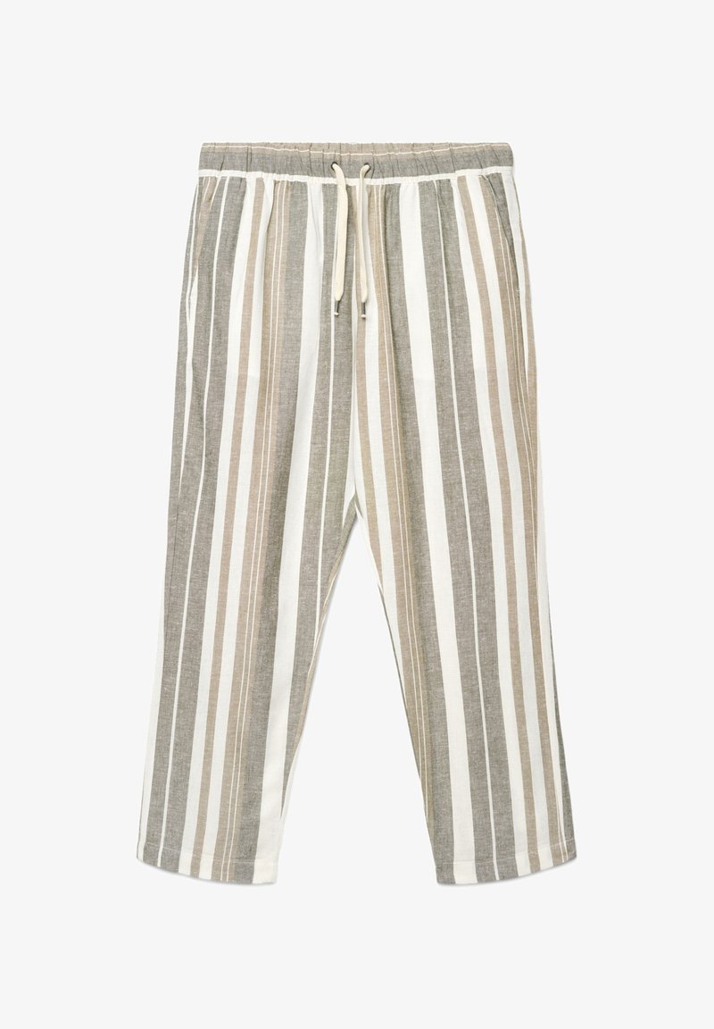 Hose mit elastischem Bund und Kordelzug, vertikalen beigen, weißen und grauen Streifen, geraden Beinen und lockerem Schnitt.