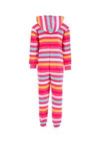 Mameluco de forro polar con capucha, que presenta franjas horizontales en rosa, azul y amarillo. Mangas largas y puños y tobillos elásticos.