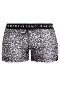 Pantaloni sportivi a tinta unita bianco e nero con un motivo, caratterizzati da una texture liscia e una ampia vita nera sulla quale è scritto "ARMOUR" in lettere bianche.