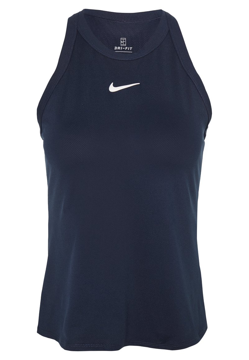 Canottiera sportiva blu navy realizzata in tessuto traspirante, con scollo rotondo, spalline larghe e logo Nike bianco sul petto.