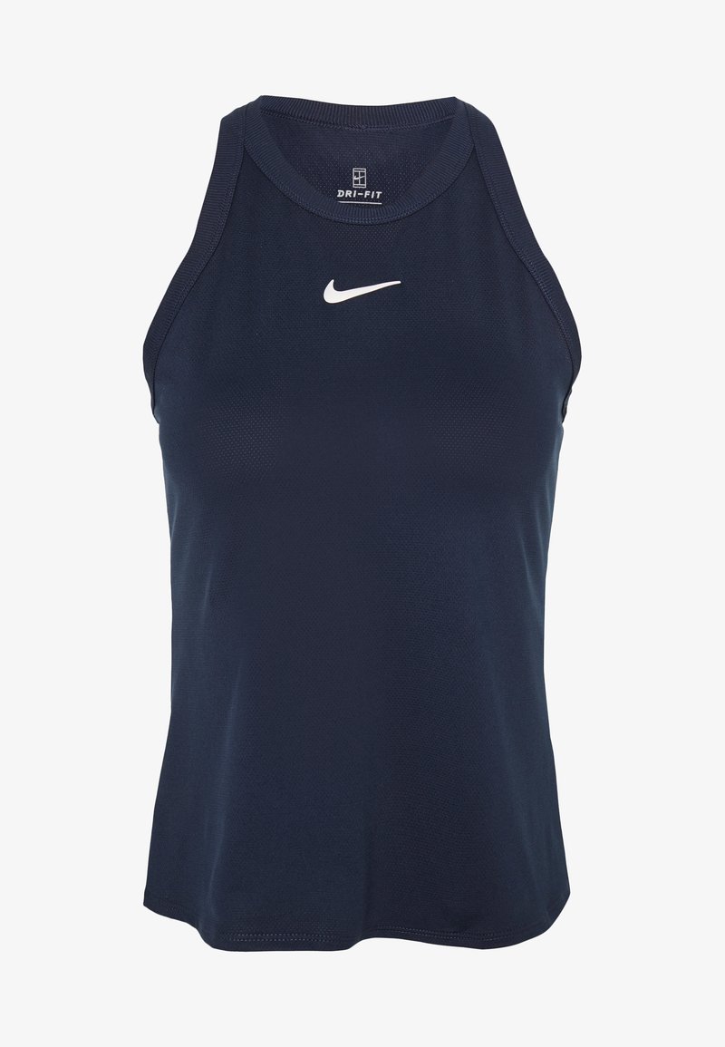 Canottiera sportiva blu navy realizzata in tessuto traspirante, con scollo rotondo, spalline larghe e logo Nike bianco sul petto.