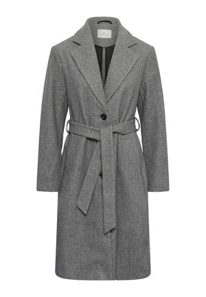 Manteau trench en mélange de laine gris avec un col cranté, fermeture à un bouton unique et une ceinture à nouer. Présente des manches longues et une texture lisse.