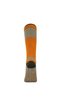 Orange og grå stribede sok med en ensfarvet sort manchet. Tekstureret stof med forstærket hæl og tå. Har logo på undersiden.