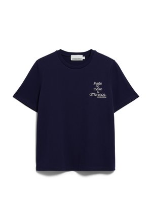 Navy blue short-sleeve T-shirt with round neck and white text on left chest reading "Made to make a difference. - Armedangels."