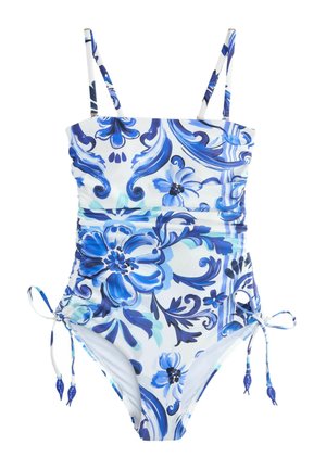 Badedragt i ét stykke med blåt og hvidt blomsterdesign, udstyret med justerbare stropper, rynkede detaljer og bindebånd i siderne.