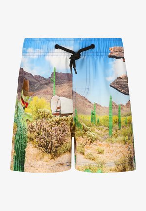 Schwimmshorts mit einem bunten Druck von einer Wüstenlandschaft, überwiegend blau, mit detailliert abgebildeten Kakteen, Bergen und einem Wagen.