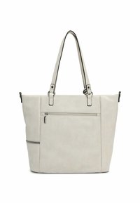 Lichgrijze tote bag van faux leer met dubbele handgrepen, een met ritssluiting afgewerkte voorkant en contrasterende zwarte accenten. Glad oppervlak.