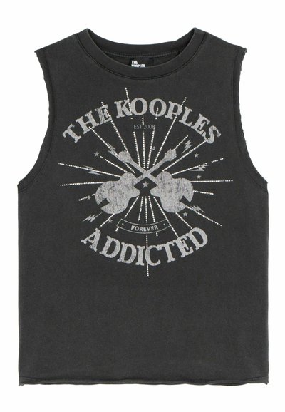 Zwarte mouwloze katoenen tanktop met een verouderde grafische print van gitaren, sterren en de tekst "THE KOOPLES ADDICTED."