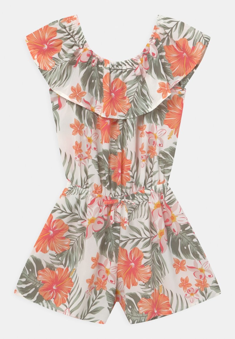 Combinaison blanche avec un large col à volants, une taille élastique et un imprimé floral orange avec des feuilles vertes sur toute la surface.