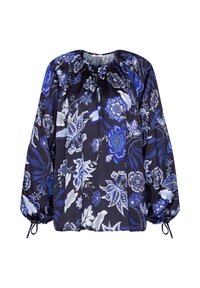 Blouse noire à manches longues avec imprimé floral bleu et blanc, encolure froncée et poignets élastiques avec liens.