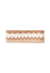 Bandeau en laine de couleur beige et brun clair avec un motif zigzag. Texture douce, forme cylindrique et design tricoté.