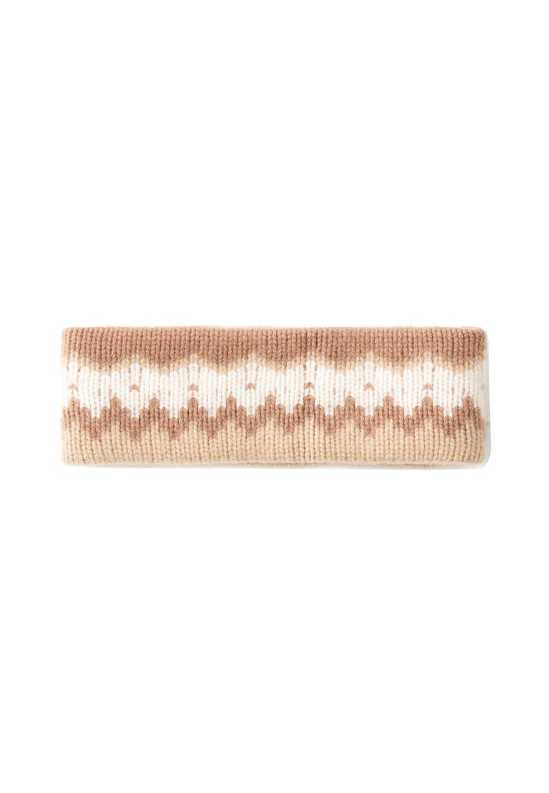 Bandeau en laine de couleur beige et brun clair avec un motif zigzag. Texture douce, forme cylindrique et design tricoté.