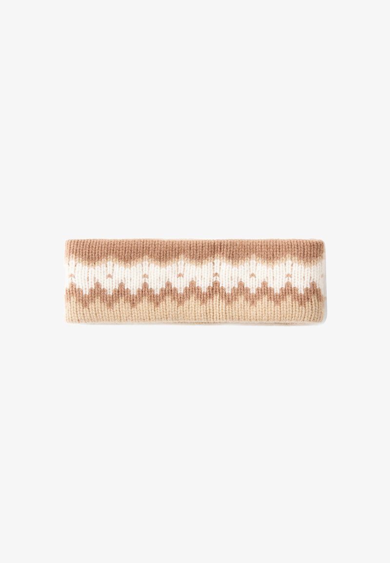 Bandeau en laine de couleur beige et brun clair avec un motif zigzag. Texture douce, forme cylindrique et design tricoté.