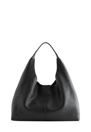 Black leather hobo bag with a soft texture and a wide, curved opening. Features a single handle for easy carrying. No visible hardware.