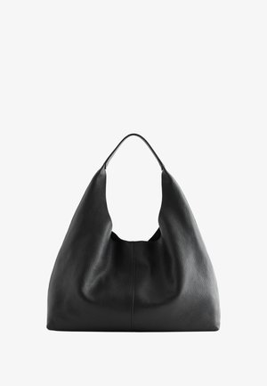Zwarte leren hobo tas met een zachte textuur en een brede, gebogen opening. Voorzien van een enkele handgreep voor gemakkelijk dragen. Geen zichtbare hardware.