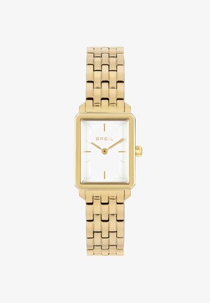 Montre rectangulaire dorée avec un cadran blanc, des index horaires dorés et un bracelet à maillons. Elle présente une couronne unique et le nom de la marque "BREIL" affiché.
