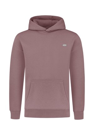 Kapuzensweatshirt in Mauve, aus weichem Stoff gefertigt, mit einem Kängurutasche und gerippten Bündchen und Saum. Kleines Logo auf der Brust.