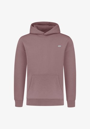 Hætte sweatshirt i mauve, lavet af blødt stof, har en kængurulomme og ribbede håndled og kant. Lille logo på brystet.