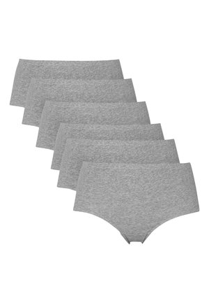 Grijze katoenen slips, geribbelde textuur, high-waisted ontwerp. Zes stuks gerangschikt in een stapel, met elastische tailleband bovenaan en naadloze randen.