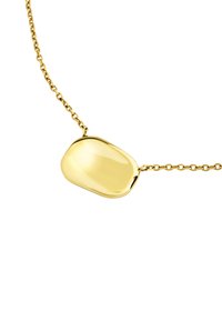 Collier en or avec un pendentif allongé et poli. La chaîne est composée de petits maillons, créant une apparence délicate. Surface lisse et réfléchissante.