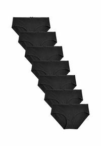 Mutande di cotone nere con una texture liscia, caratterizzate da un dettaglio a fiocco in vita. Sette paia disposti in una formazione impilata.