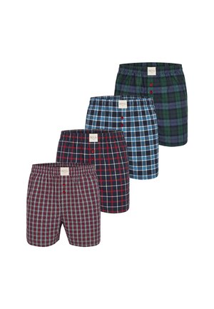 Quatre paires de boxers pour hommes à carreaux dans des motifs rouges, bleus et verts, chacun avec une taille élastique et des boutons à l'avant.