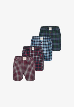 Cztery pary męskich bokserek w kratkę w czerwone, niebieskie i zielone wzory, każda z elastycznym pasem i guzikami z przodu.