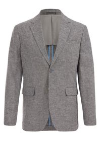 Grå strukturerad kavaj med slagkrage, två framfickor och knappstängning. Blå foder synligt inuti. Skräddarsydd passform.