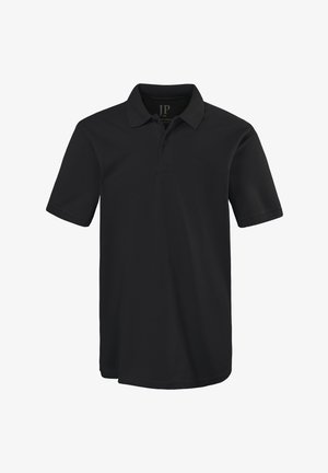 Schwarzes Polo-Shirt aus strukturiertem Stoff, mit klassischem Kragen, kurzen Ärmeln und einer Knopfleiste mit drei Knöpfen. Einfaches und schmuckloses Design.